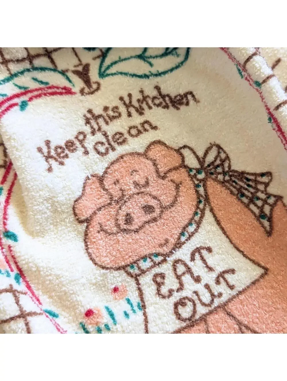 Vintage Kitchen Towel with Pig Theme and Crochet Hanging Loop & Button